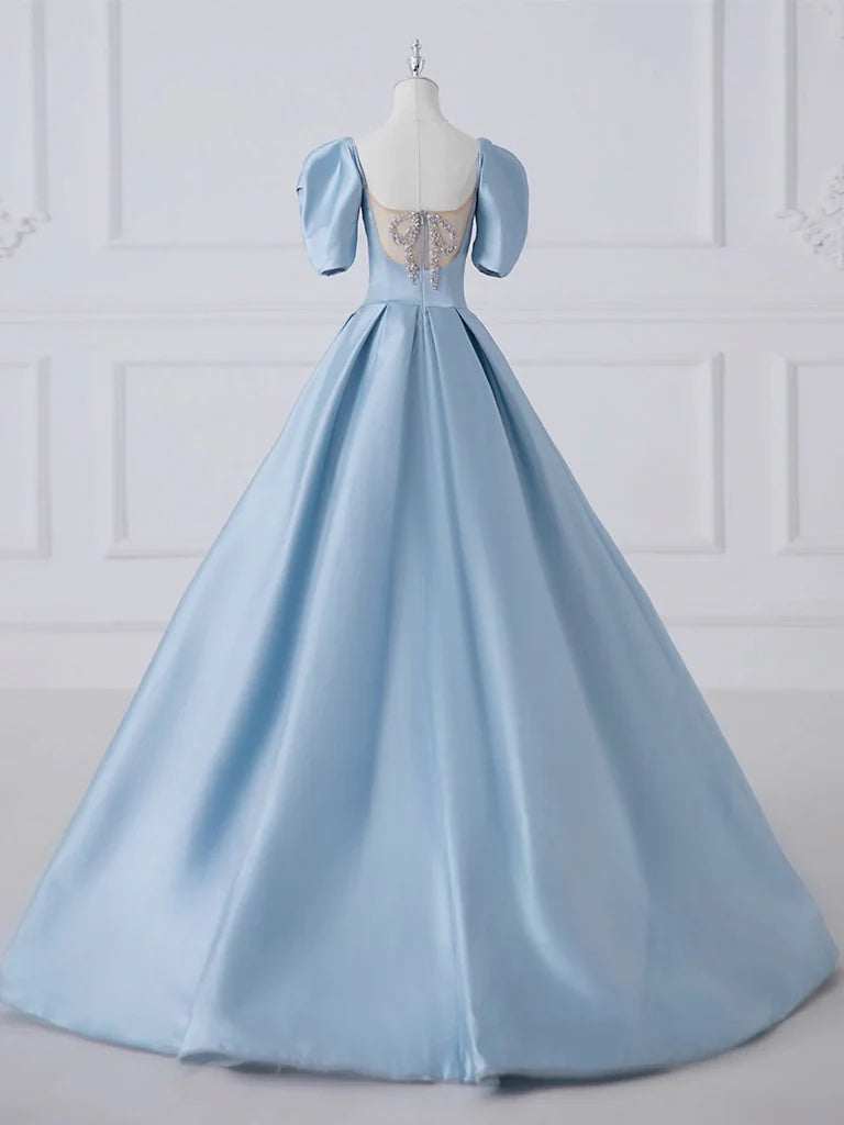 Wholesale A-Line Satin Blue Long Prom Dress Blue Satin Long Formal Dress gowns evening dresses